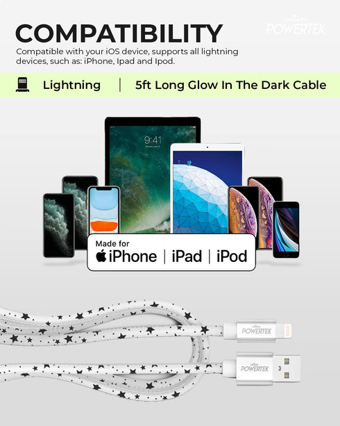 LIQUIPEL Powertek Glow MFi Certified 5ft Lightning to USB Charger for iPhone & iPad, Fast Charging Cable (White w/Stars)