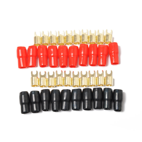 10 Pairs Copper Gold Plated 4 Gauge Strip Spade Terminal Plugs, Crimp Barrier Spades for Speaker Wire