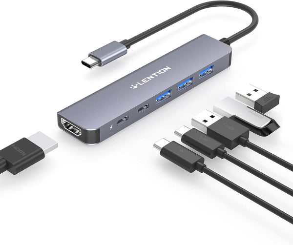LENTION USB C Hub, 6 in 1 USB C to USB Adapter, Multiport Hub with 4K HDMI Display, 1 USB-C Data Port, 3 USB-A Ports