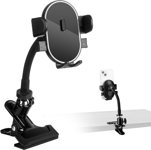 Clip Phone Holder for Desk, 360° Adjustable Gooseneck Arm Clamp Mount for 4-7” Smartphones, Compatible with iPhone