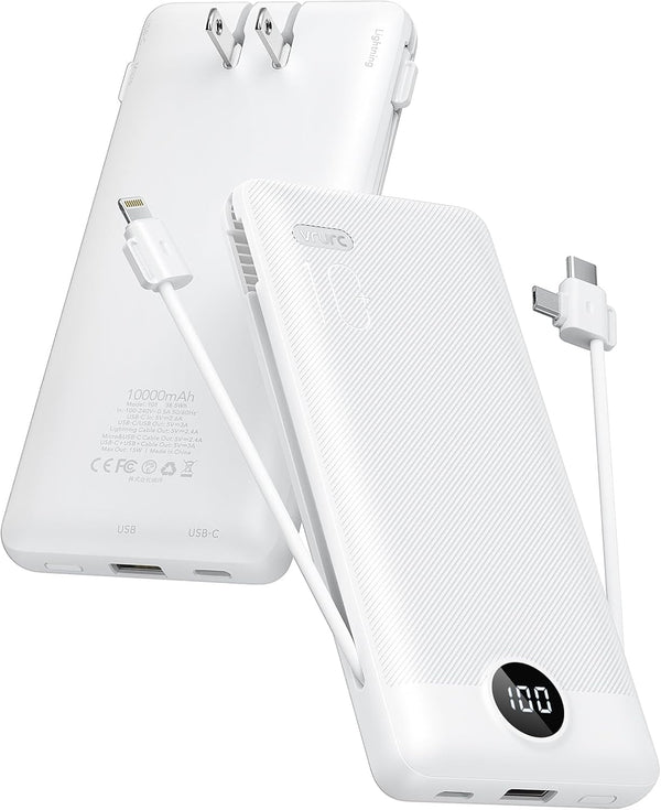 VRURC Portable Charger with Cables and Wall Plug, 10000mAh Power Bank with AC Plug, External Battery Pack (Pure White)