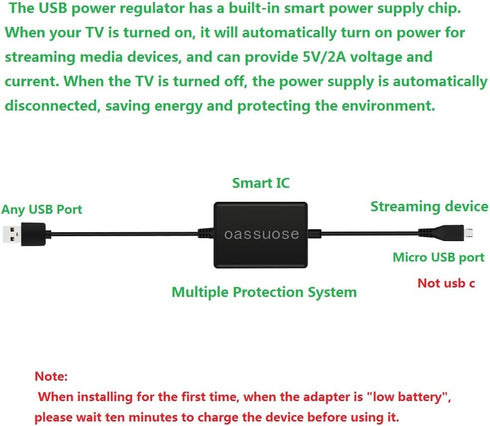 USB Power Cable Adapter for Fire TV Stick, Powers Streaming TV Sticks Directly from TV USB Port