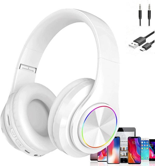Over Ear Kids Bluetooth Headphones, Colorful LED Lights, Wired & Wireless Lightweight HiFi Stereo Headset (White)