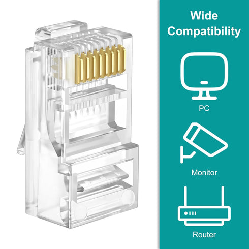UTP RJ45 Connectors, Cat6 Pass Through Plugs 50-Pack with Strain Relief Boots for Solid or Standard Ethernet Cables,