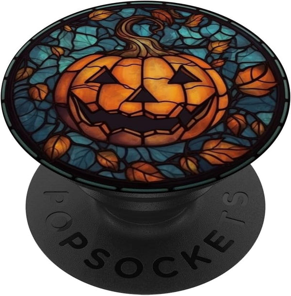 Halloween Pumpkin Stained Glass Black Autumn Leaves PopSockets Adhesive PopGrip