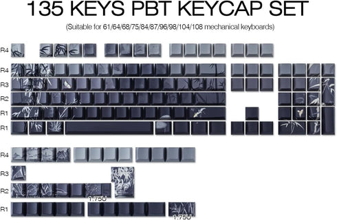 Tsungup PBT Keycaps - Side Printed 135 Keys Bamboo Sea Custom Keycaps, Gradient Grey Shine Through for Cherry MX