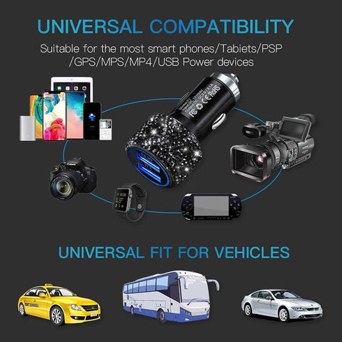 Bling Car Charger Accessories Set, Rhinestone Dual USB Car Chargers + Bling 3 in 1 Charging Cable for Girls