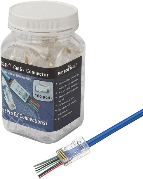 PETECHTOOL 100-Pack RJ45 CAT6A CAT6 Pass Through Connectors 23AWG Cables-End Bold UTP Ethernet Modular Plug.