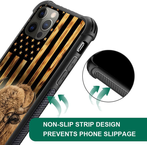 TnXee iPhone 12 Case - Wood Grain American Flag Cow/Bison Design, Shockproof & Anti-Scratch for Men & Women.