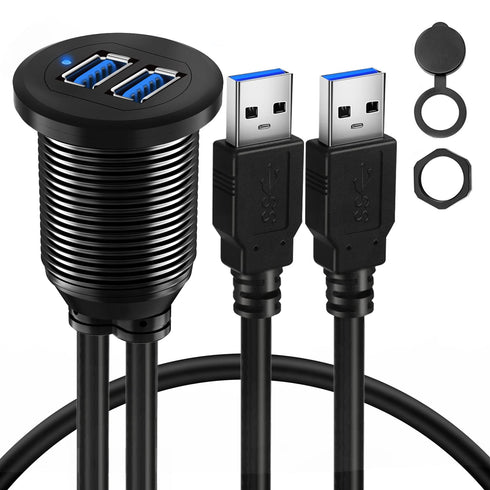 BATIGE Alloy Dual Port USB 3.0 Car Dashboard Flush Mount Cable, Male to Female with LED Indicator, 1ft