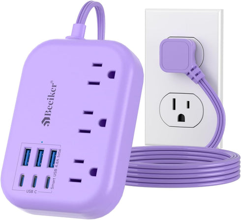 Beeiker 6 USB(3 USB C) Purple Travel Power Strip- 5Ft Purple Extension Cord