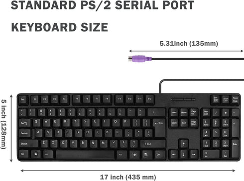MCSaite Wired PS2 104 Keys Computer Keyboard, Black Waterproof - US Layout Compatible with Windows, PC, Laptop