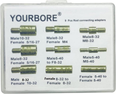 Gun cleaning rod fitting adapters 9 pcs pack 5-40 8-32 10-32 5/16-27 M4 threads in male or female by YOURBORE
