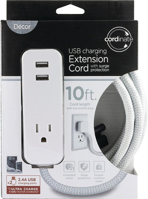 Cordinate Designer 1-Outlet 2-USB Charging Extension Cord - Gray Braided D cor Fabric Cord, 10 ft