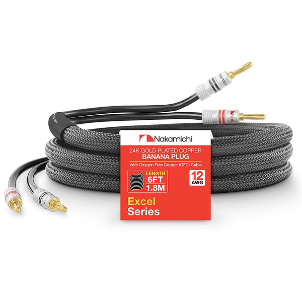 Nakamichi Excel Series 24k Gold Plated Banana Plug - 12AWG Speaker Cable Wire 99.9% Oxygen-Free Copper (OFC) Heavy Duty