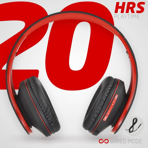 PowerLocus Bluetooth Over-Ear Headphones, Wireless and Wired Headsets with Built-in Mic, Micro SD/TF, FM (Black/Red)