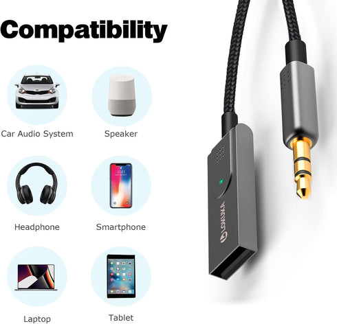 Bluetooth 5.3 to Aux Adapter for Car, USB to 3.5mm Bluetooth Receiver for Hands-Free Call and Music
