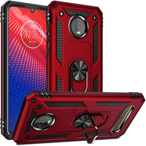 Military Grade Drop Impact Case for Motorola Moto Z4, Z4 Play with 360 Metal Rotating Ring Kickstand (Rose Gold)