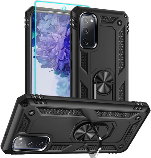 Samsung Galaxy S20 FE Case, Black Military Grade Shockproof with HD Screen Protector & Ring