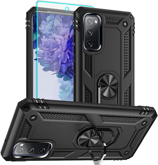 Samsung Galaxy S20 FE Case, Black Military Grade Shockproof with HD Screen Protector & Ring