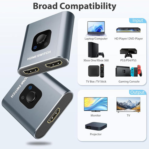 SCSXGO 4k@60hz 2 1 PS5/4/3 HDMI Switch Splitter, Aluminum Bidirectional HDMI Switcher in Out, Manual HDMI Hub Supports