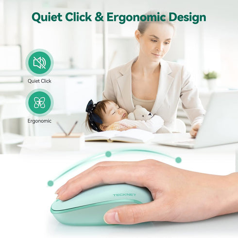TECKNET Wireless Mouse for Laptop, 2.4G Quiet Computer Mouse with USB Receiver, 4 Buttons, 800/1200/1600 DPI - Mint
