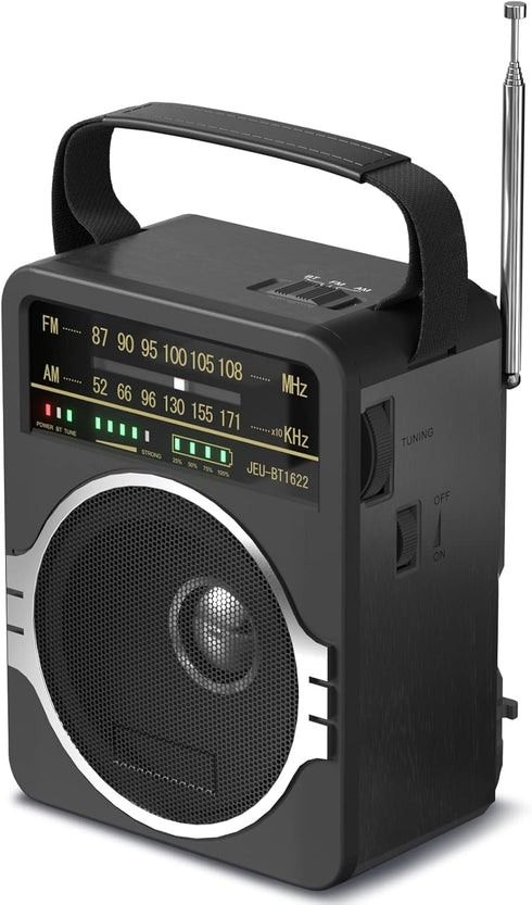 Portable AM FM Radio, Bluetooth 5.0 Radio with Loud Speaker, Built-in Rechargeable Battery, AC Power Plug, Black