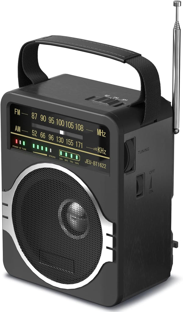 Portable AM FM Radio, Bluetooth 5.0 Radio with Loud Speaker, Built-in Rechargeable Battery, AC Power Plug, Black