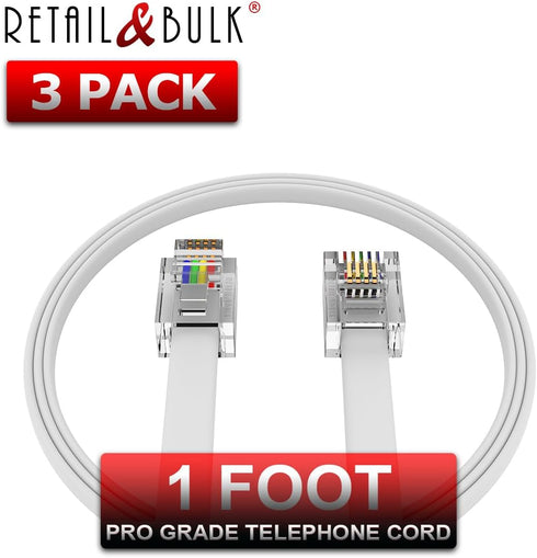 (3 Pack) 12 Inches Short Telephone Cable RJ11, Premium Quality Phone Line Cord (1 Foot, White)