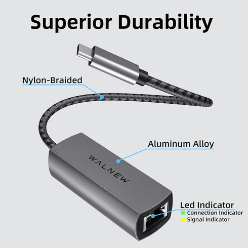 WALNEW USB-C 2.5gb Ethernet Adapter, USBC to RJ45 LAN Connector, 2.5 Gigabit Network Cable Converter for Various Devices