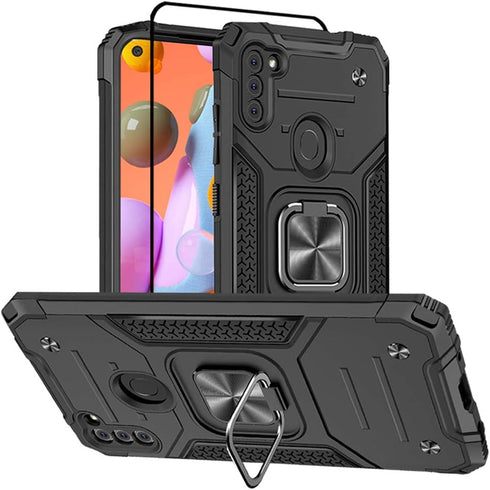 Samsung A11 Phone Case with Screen Protector, Hard Rubber Bumper with 360° Rotation Ring Kickstand