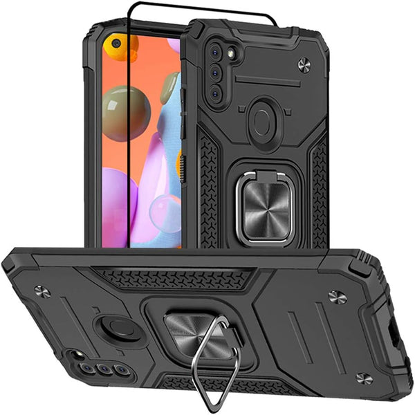 Samsung A11 Phone Case with Screen Protector, Hard Rubber Bumper with 360° Rotation Ring Kickstand