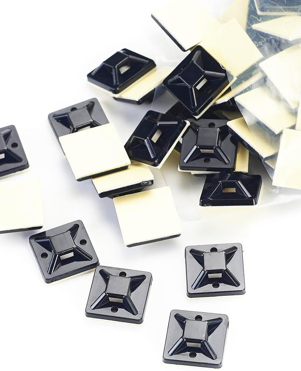HS Zip Tie Mounts 3/4 Inch - 100 Pack Self Adhesive Cable Wire Tie Mounting Base Holder (Black Squares).