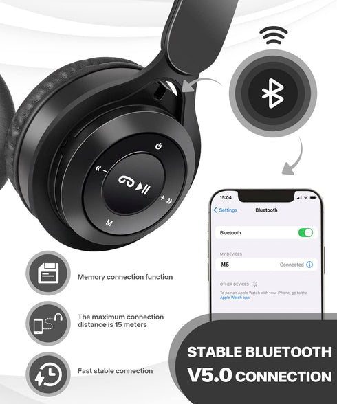 Kids Bluetooth Headphones, On Ear Wireless Headsets for Children with Built-in Microphone, Foldable Stereo Detachable Aux 3.5mm Cord, Kids Headphones for Boys Girls School iPad Tablet (Black)