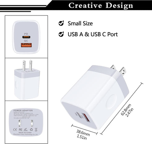 USB C Power Adapter, 3Pack 20W 2 Port PD&QC 3.0 Fast Charging Block Wall Charger for iPhone and Samsung Galaxy