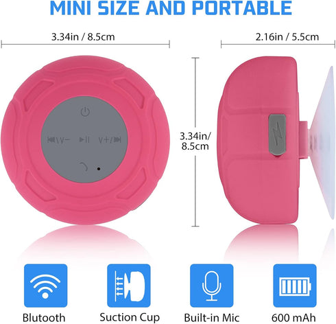 Waterproof Bluetooth Shower Speaker, Portable Wireless Water-Resistant Speaker with Suction Cup, Built-in Mic, Red