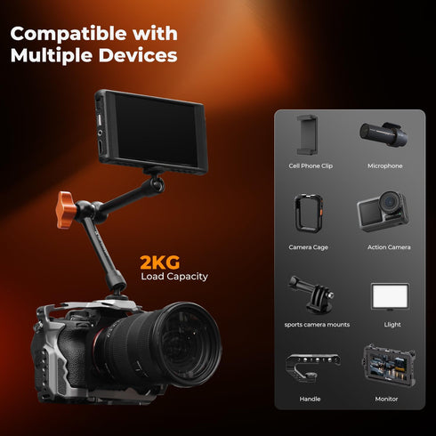 K&F CONCEPT 9.8" 1/4" 3/8" 360 Magic Arm Clamp Kit with & Thread Screw Ball Heads Articulating Magic Arm Camera Mount