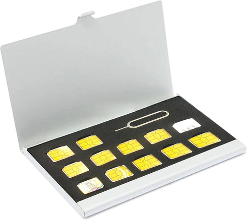 Aluminum SIM Card Case, Universal Waterproof Slim Mini Storage for 12 Nano SIM Cards & 1 Eject Pin Slots (Silver)