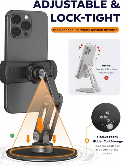 QooWare Phone Stand for Desk - Adjustable Height and Angle Foldable Cell Phone Stand Holder, No Dropping Stable