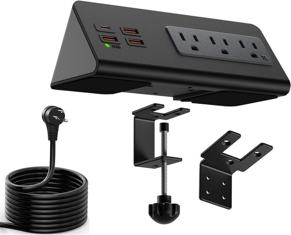 Upgraded Edge Mount Power Strip with USB-C Ports, Tabletop Surge Protector, 3 AC Outlets & 4 Fast Charging USB Ports