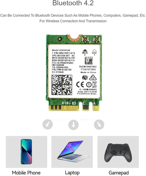Wireless-AC8265 Dual Mode NIC Module for Jetson Nano Developer Kit, M.2 NGFF, Support 2.4GHz / 5GHz, 300Mbps / 867Mbps