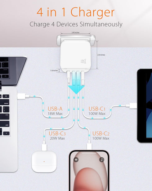 100W USB C GaN Wall Charger, Foldable 4-Port PD USB-C Charger with Traveller Adapters for Phones and Laptops