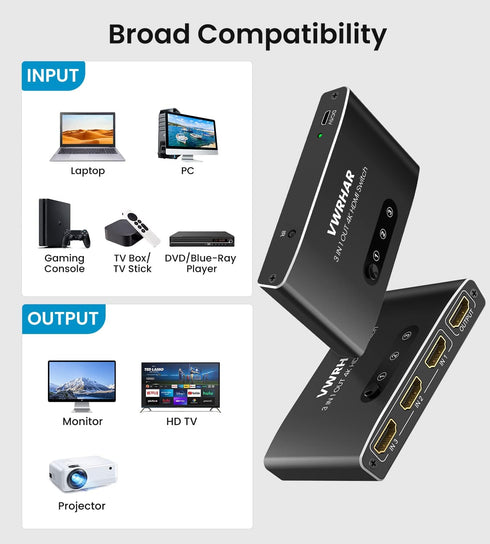 VWRHar 3 1 4K 4K 3D 1080P HDCP2.2 PS5 PS4 HDMI Switch in Out UHD HDMI Switcher Splitter, Automatic Switch with Remote