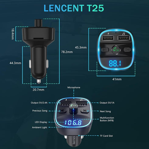 LENCENT FM Transmitter, 2022 Upgraded Bluetooth Wireless Radio Adapter Car Kit with Dual USB Charging