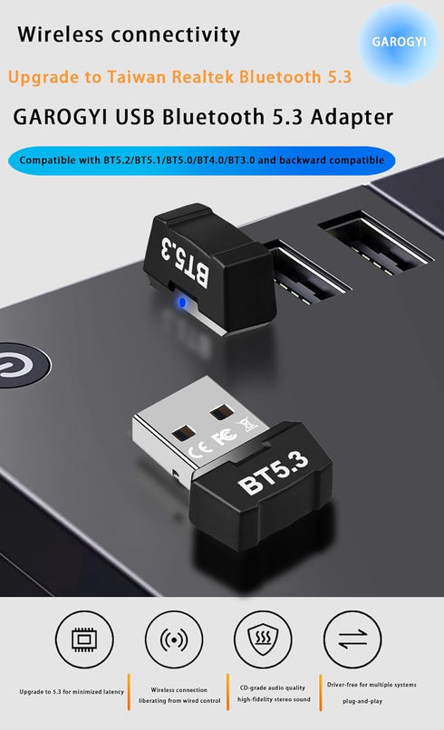 USB Bluetooth 5.3 Adapter for PC, Supports Windows 11/10/8.1/7,5.3+EDR Bluetooth Wireless Transmitter Receiver for Desktop, Laptop, Mouse, Keyboard, Printers, Headsets (Black)