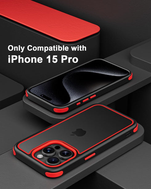 iPhone 15 Pro Case Compatible, Black/Red with Multicolor Shockproof Bumpers, Crystal Clear Back & Soft Silicone TPU