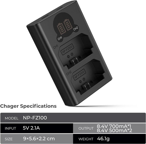 K&F Concept NP-FZ100 Dual-Slot Battery Charger with LCD for Sony A7iii, A7iv, A7RIII, A7RIV, A7C, A6700, A6600