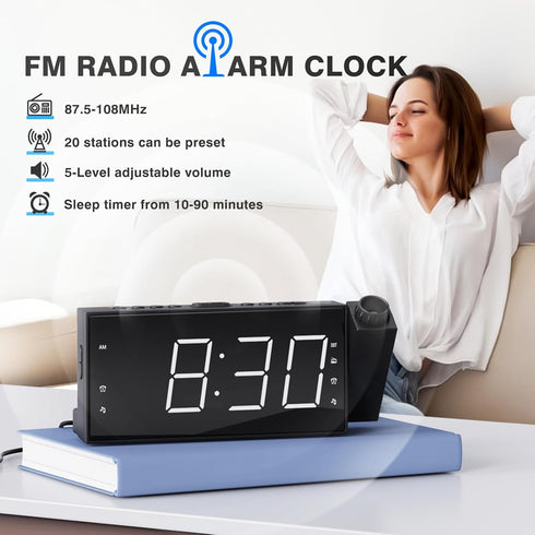 Mesqool Projection Alarm Clock with FM Radio, Large Number Display, USB Charger, Dual Alarms, Sleep Timer