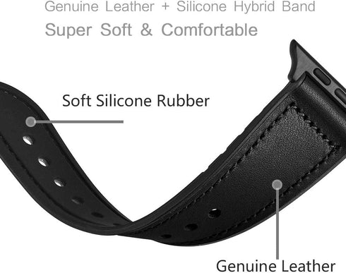 OUHENG Compatible with Apple Watch Band, Sweatproof Genuine Leather and Rubber Hybrid Band, Black