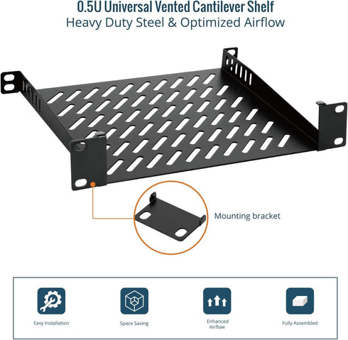 Tecmojo 2 Pack 0.5U 10" 7.87" Rack Mount Shelf for Server Rack, Deep Vented Cantilever Tray, Metal Shelf for Network